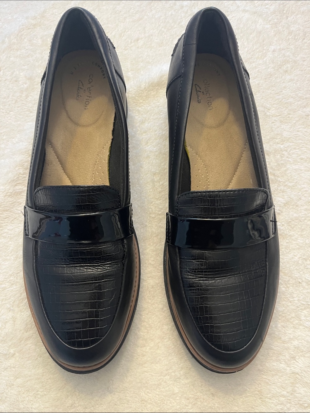 Clarks Black Croc-Pattern Penny Loafers